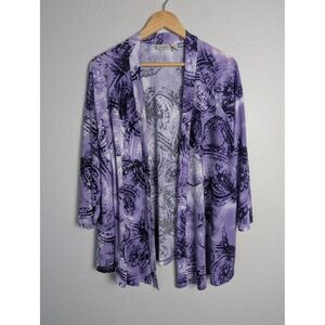 EASYWEAR By Chico's Cardigan‎ Womens 2 Purple Paisley Open Stretch Lightweight